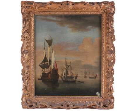 18th century British School, seascape with galleons and smaller ships in a harbour, oil on canvas, apparently unsigned, 54 cm