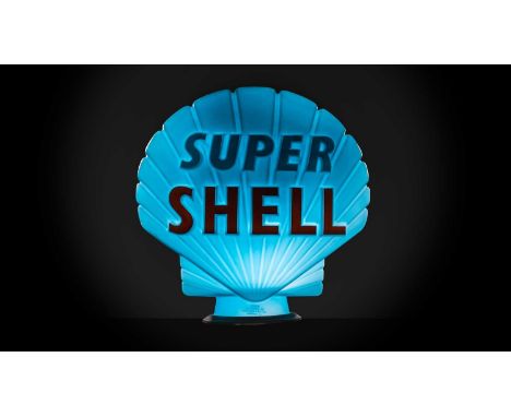 A blue 'Super Shell' glass petrol pump globe by Hailware, fully stamped underneath 'Property of Shell-Mex &amp; B.P. Ltd...',