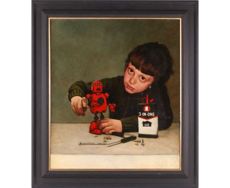 John Afflick (b.1967) British, 'When God Created Adam' (portrait of the artist's son), oil on panel, 60 cm x 52.5 cm in a bla