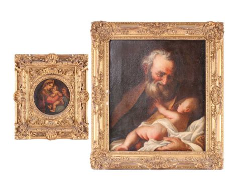 19th century school, 'Simeon with the infant Jesus', oil on canvas, 55 cm x 47 cm in a gilt frame, together with Follower of 