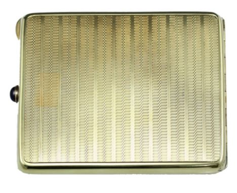 A 14K gold cigarette case, decorated with geometrical patterns. Set with a Sapphire cabochon button. Dimensions: 8X9.5X1 cm. 