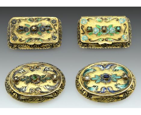 Lot of 4 gilt silver pill/snuff boxes, decorated with enamel and set with gemstones. Two oval boxes (4.5X3.5 cm) and two rect