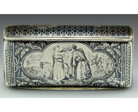 A French silver and niello snuff box, c. 1900. Decorated with a biblical scene of Rebecca and Eliezer at the Well. Dimensions