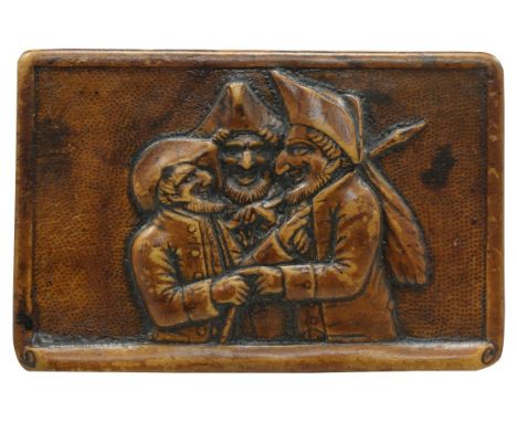 Wooden snuff box for tobacco, with an anti-Semitic relief on the lid. [Alsace, 18th cent.]. Carved rosewood. On the lid of th