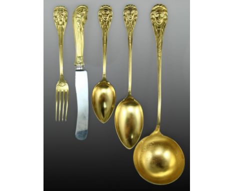 An important Jugendstil (Art Nouveau) gilded 800 silver cutlery set for 12, designed by Otto Rieth, manufactured by Bruckmann