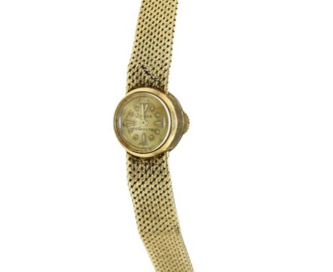 An 18K gold women's wrist watch by Jaeger LeCoultre. Total weight: 21.4 grams. Not in working order. Flaws to the gold bracel