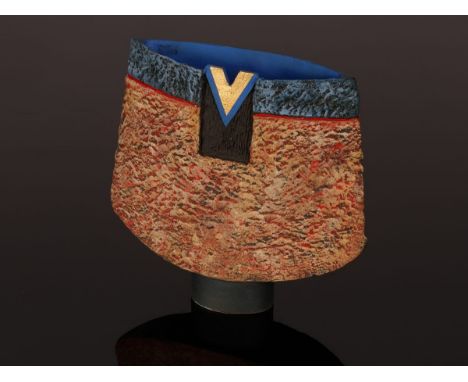 Philip Evans (born 1959), stoneware vessel with textured surface, blue and red glazes with gold detail, 16cm high CONDITION R