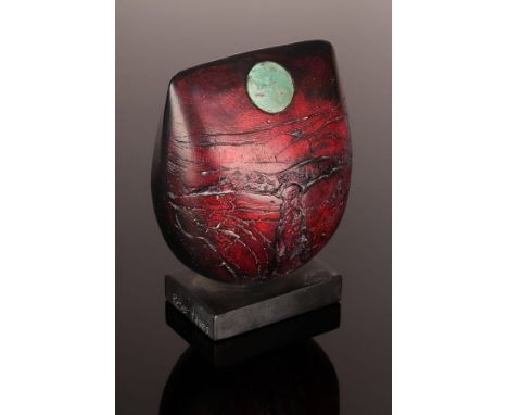 Peter Hayes (born 1946), raku bow form in deep red with turquoise disc, etched signature to black slate base, 16.5cm high ove