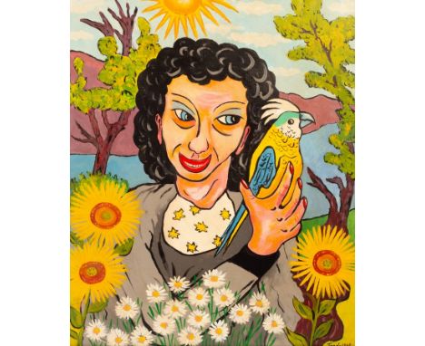 Michael R Tandy (born 1942)/Portrait of a Lady/holding a parrot and surrounded by flowers/dated 1962 verso/oil on canvas, 65.