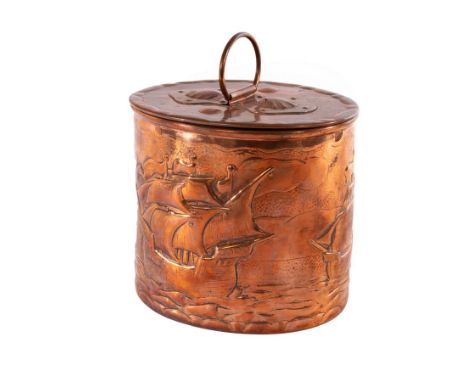 Newlyn, an oval copper biscuit barrel embossed three galleons, the lid decorated embossed shells, impressed mark, 18cm wide, 