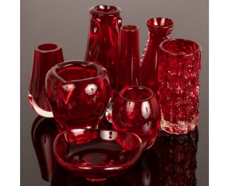 Seven Whitefriars red glass vases, various sizes and designs and a small bowl (8) CONDITION REPORT: Condition information is 