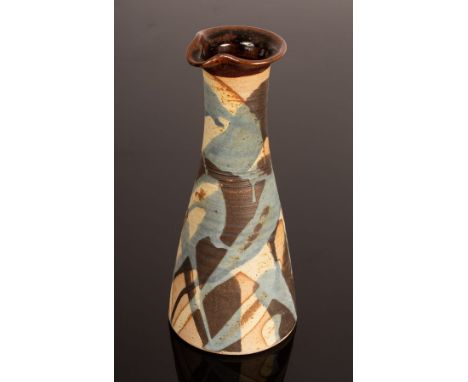 Aller Pottery, stoneware jug, blue and brown glazes, impressed mark, 27cm high, together with two studio pottery lamp bases, 