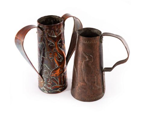 Style of Newlyn, an Arts & Crafts copper jug of tapering form, embossed penguins, 21cm high and a copper two-handled vase dec