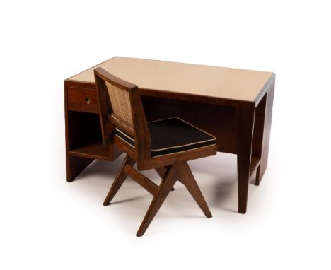 Pierre Jeanneret (1896-1967), a Chandigarh teak desk with inset leather top, a drawer and shelf to the front, cubbyholes to t