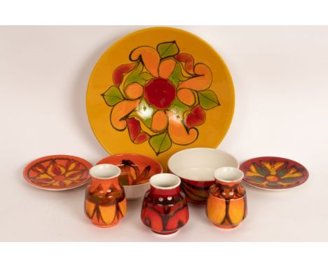 A group of Poole Pottery, Delphis range, including charger, 26.5cm diameter, bowls, small plates and vases (8) CONDITION REPO