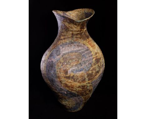Julian King-Salter (born 1954), hand-built stoneware 'eye-top' vessel with textured surface and purple and turquoise glazes, 