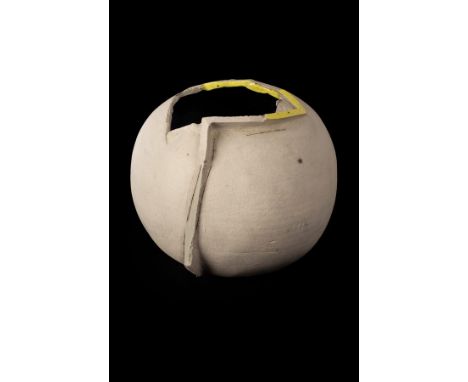 Gordon Baldwin (born 1932), earthenware vessel of spherical form with irregular edge highlighted in yellow, initialled and da