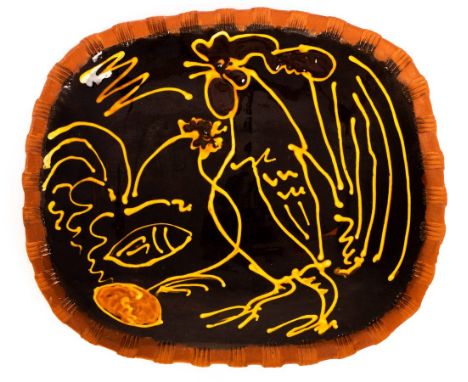 Mary Wondrausch (1923-2016), rectangular slipware plate decorated a cockerel and a chicken, 36cm x 30.5cm  CONDITION REPORT: 