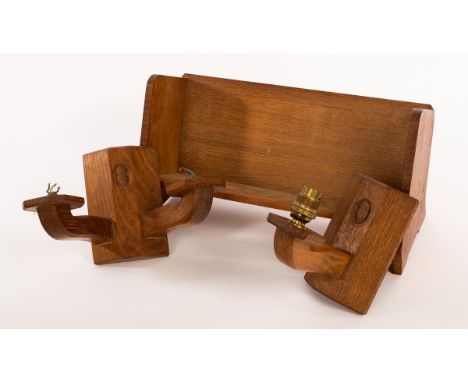 Alan 'Acornman' Grainger, an Arts & Crafts twin-arm wooden wall light, carved an acorn motif and a matching single light, 15c
