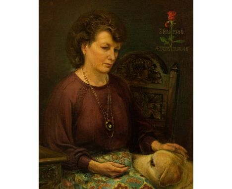 Robert Ball (20th Century)/Portrait of a Lady/seated with her dog/signed lower right, inscribed top right SRO 1986/Aestatis S