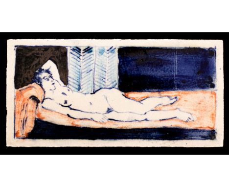 Eric James Mellon (1925-2014), rectangular stoneware tile decorated a reclining nude in bean ash glazes, signed and inscribed