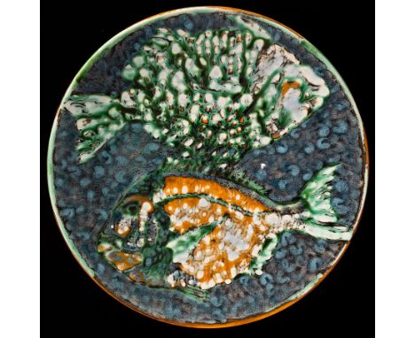 Tony Morris for Poole Studios, circular charger decorated two fish, painted monogram and dated 1999, 35cm diameter CONDITION 