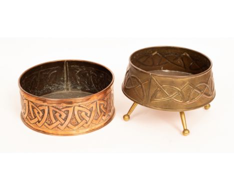 A copper jardiniere, repousse decorated with band of Celtic motifs, 20cm diameter and a brass jardiniere on four feet with si
