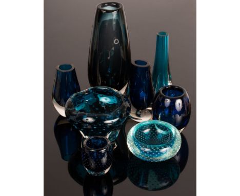 Five Whitefriars blue glass vases and three bowls, various sizes and designs (8) CONDITION REPORT: Condition information is n