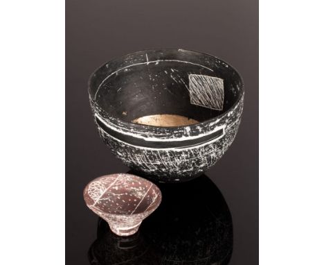 Sarah Jenkins (Contemporary), black and white sgraffito deep bowl with gold interior, 20cm x 13.5cm and a smaller brown bowl,