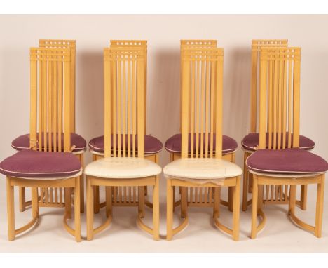 A set of eight contemporary Danish beech dining chairs in the style of C R Mackintosh with high slatted backs, upholstered pa