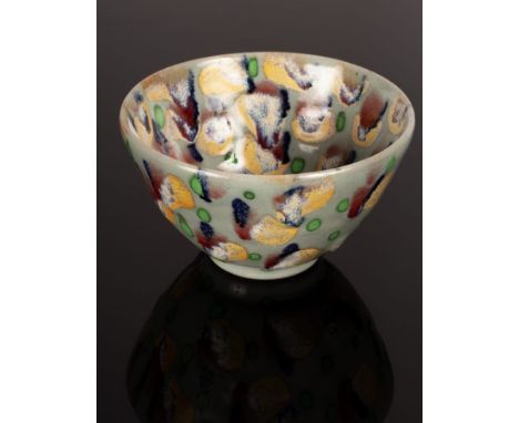 Clive Davis (Contemporary), conical stoneware bowl with celadon, yellow and red glazes, seal mark, 14cm diameter CONDITION RE