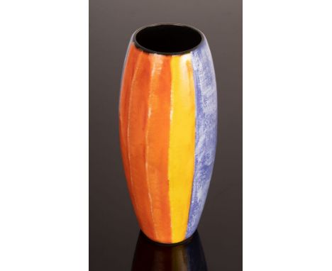 Nicola Massarella, a Poole Studio vase with blue sponged ground and orange and yellow vertical stripes to the front, signed b