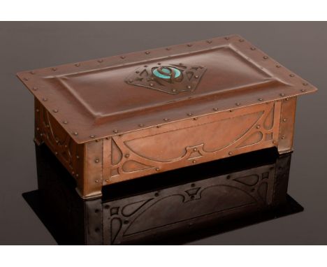 Attributed to A E Jones (1878-1954) possibly for Liberty & Co, an Arts & Crafts copper jewel casket, circa 1900, with planish