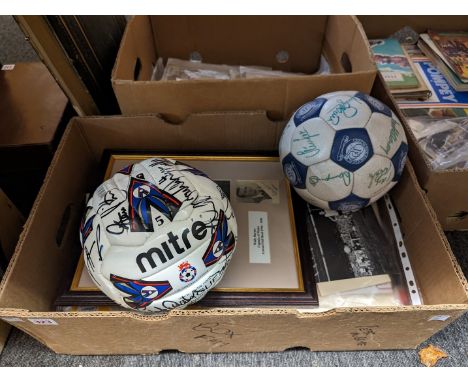 FOOTBALL MEMORABILIA:&nbsp;a box of misc., to include signed cutting of Welsh Captain and Arsenal full back Wally Barnes, mou