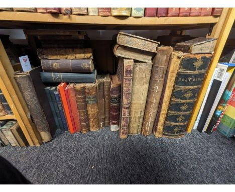 MISCELLANEOUS BOOKS:&nbsp;a quantity over one shelf, 18th-19thc inc. odd volumes, periodicals and Victorian family bible, con