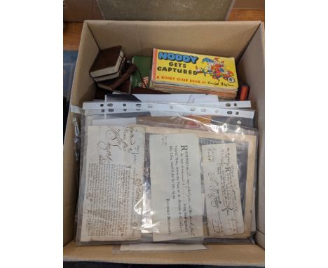 MISC. BOOKS &amp; EPHEMERA:&nbsp;a box, including miniature and Noddy strip books, a few vintage glamour magazines, 18thc pri