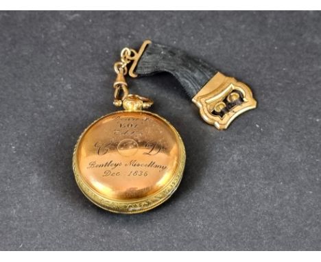 CHARLES DICKENS POCKET WATCH, gifted from Bentleys Miscellany: a William IV gilt metal open faced key wind pocket watch, the 