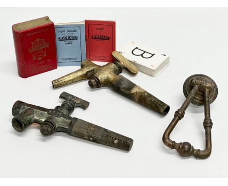 A job lot of collectables. Two 19th Century beer keg taps, a Victorian door knocker, a cut throat razor, a Waddingtons Lexico