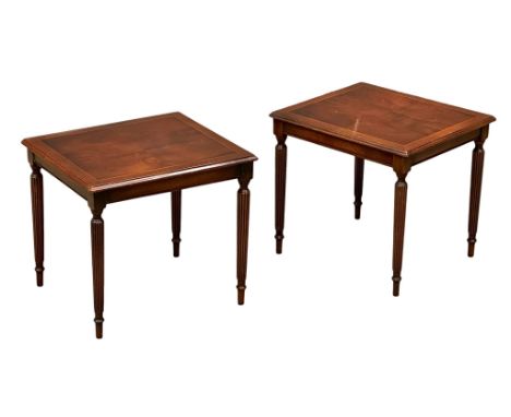 A pair of Regency style inlaid mahogany lamp tables/side tables, on reeded legs. 47x40x41cm.