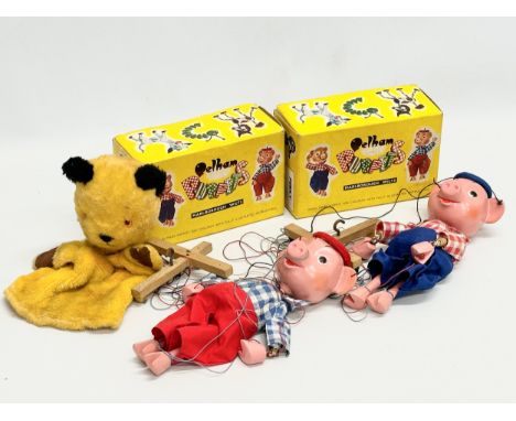 Vintage puppets. A 1960’s Chad Valley Sooty hand puppet. 2 Perky Pelham Puppets with boxes.