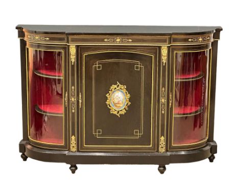 A 19th Century Victorian inlaid credenza with gilt brass mounts and painted porcelain panel door. 152x39x105cm