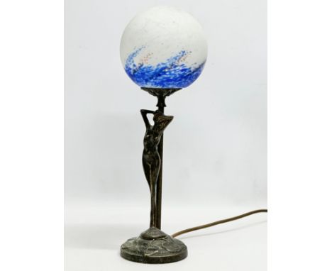 A signed Art Deco style figural table lamp. Signed Moreau. 43cm