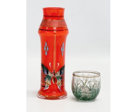 2 pieces of Early 20th Century Bohemian glass. A tango glass vase with hand painted enamelled butterfly, in the Loetz/Kralik 