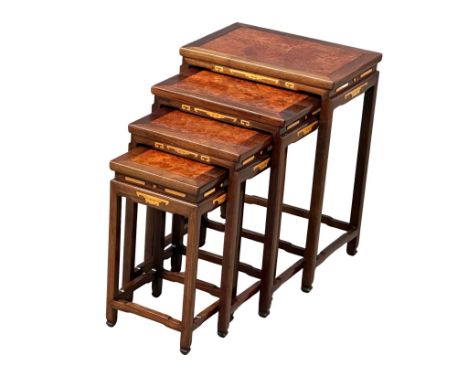 A good quality Chinese inlaid padauk nest of tables, with burr elm panel tops and satinwood inlay. Top table 50x35.5x66cm