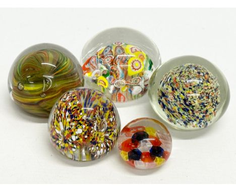 5 vintage art glass paperweights.
