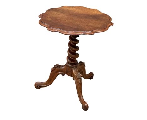 A 19th Century Victorian burr elm lamp table, side table. with barley twist column and cabriole legs. 48x55cm.
