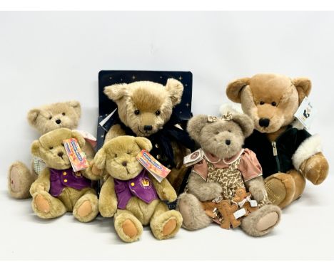 A collection of teddy bears. Harrods Christmas Bear 2001. Harrods Millennium Bear 2000. Chad Valley Golden Jubilee Bear x2. B
