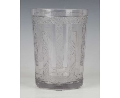 An Art Deco Lalique frosted and clear glass Grimpereaux pattern vase, designed 1926, engraved mark 'R. LALIQUE' to base, heig