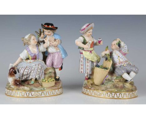 A pair of Meissen figure groups allegorical of Summer and Autumn, late 19th century, after the models by Acier, the first dep