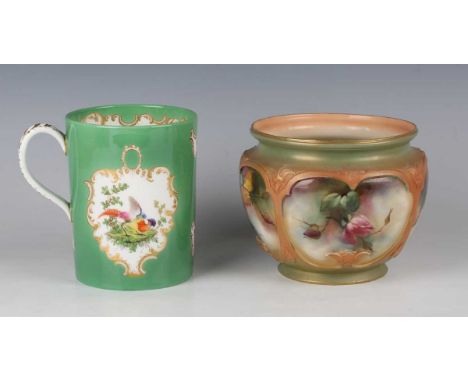 A Hadley Royal Worcester jardinière, dated 1903, painted with roses within relief borders against a pale green ground, green 